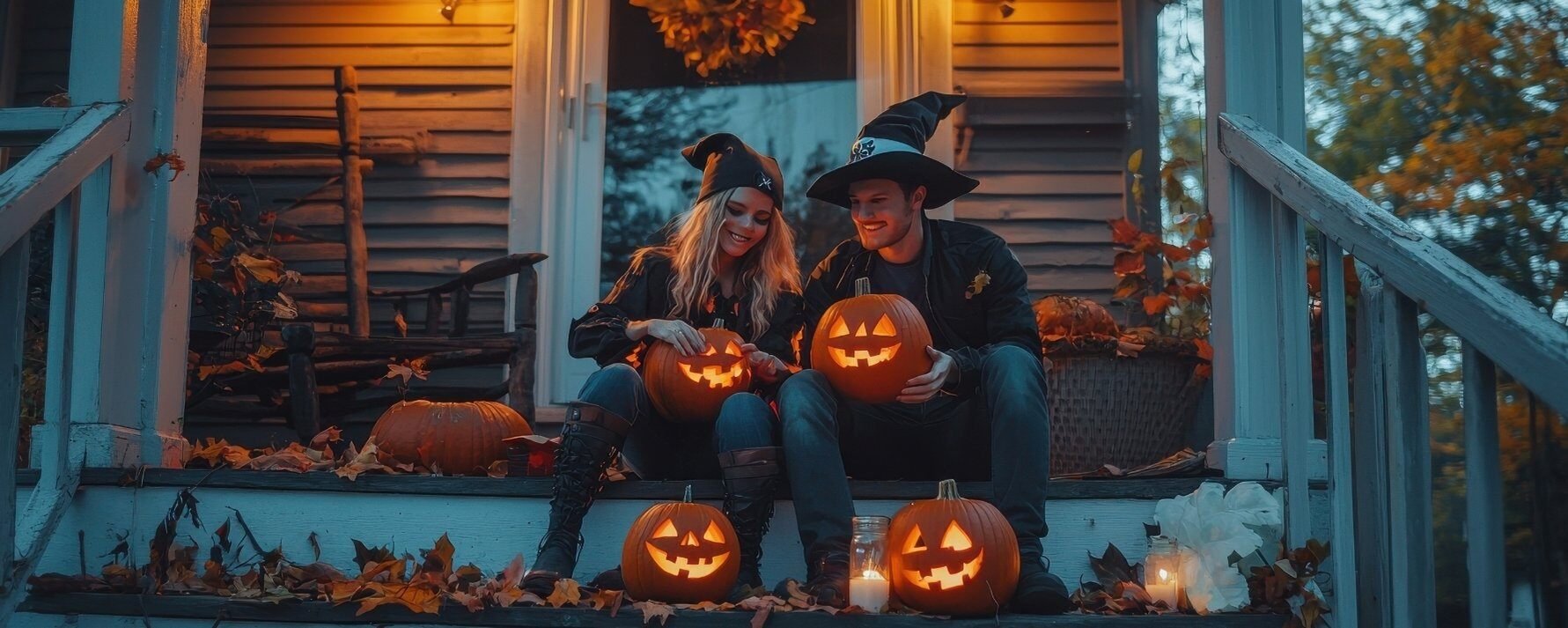 Pareja con linternas Jack en porche de casa celebrando la spooky season